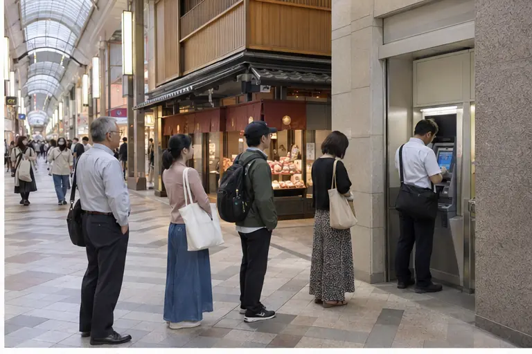 ATMの順番を待つ利用者